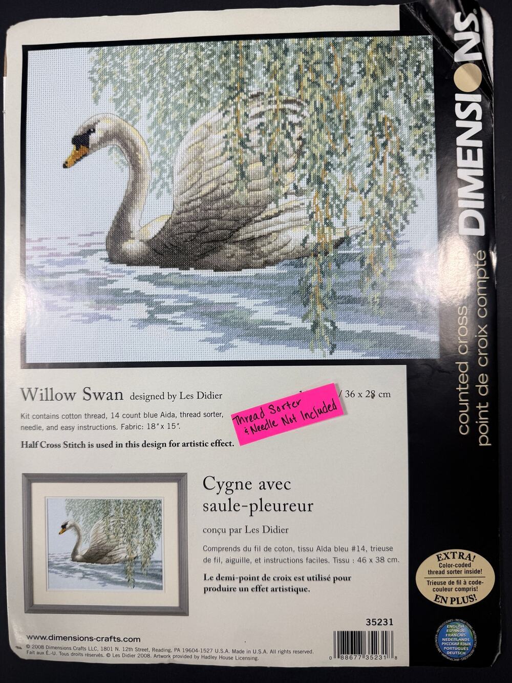 Dimensions Willow Swan Counted Cross Stitch Kit 35231 Les Didier 14 Ct Blue Aida